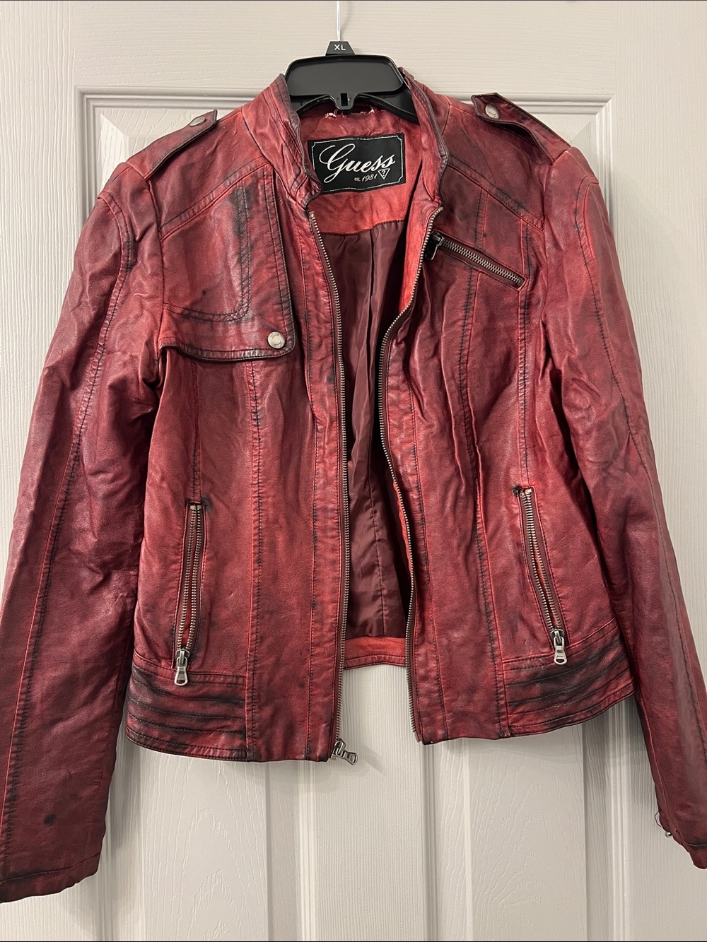 Guess Red Distressed Moto-Style Faux Leather Jacket Sz S